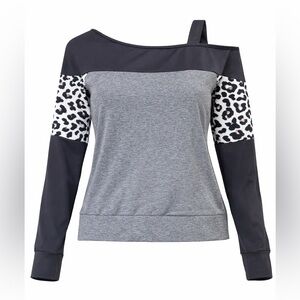 Off-Shoulder Grey Leopard-Accent Women’s Top